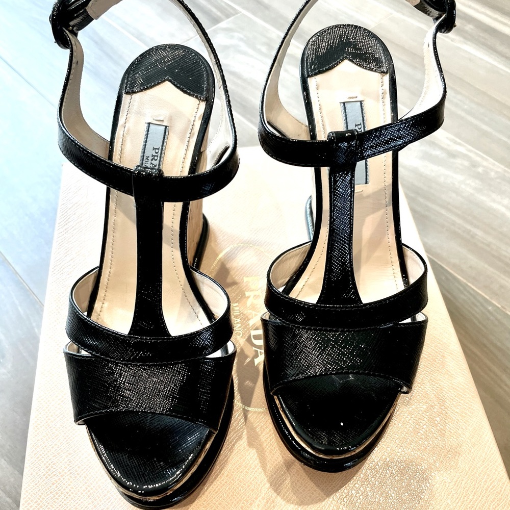Prada Cork Wedge Saffiano Leather Sandals